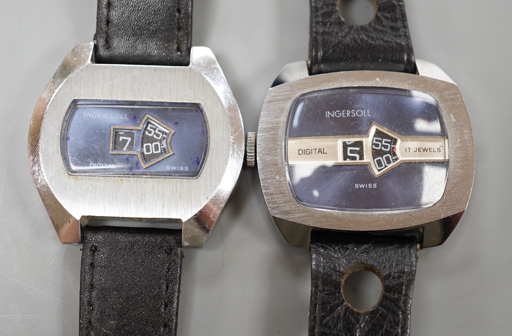 Two gentleman's stainless steel Ingersoll jump hour digital manual wind wrist watches.